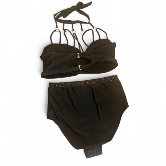 Strappy Black Halter High Thigh Bikini Set Gold Rings Womens Large - Picture 2 of 5